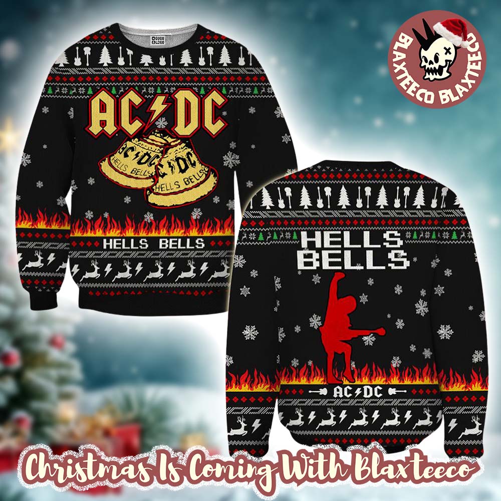 ACDC Angus Young Hells Bells With Flames And Reindeer Pattern Ugly Christmas Sweater - Holiday Gift product image