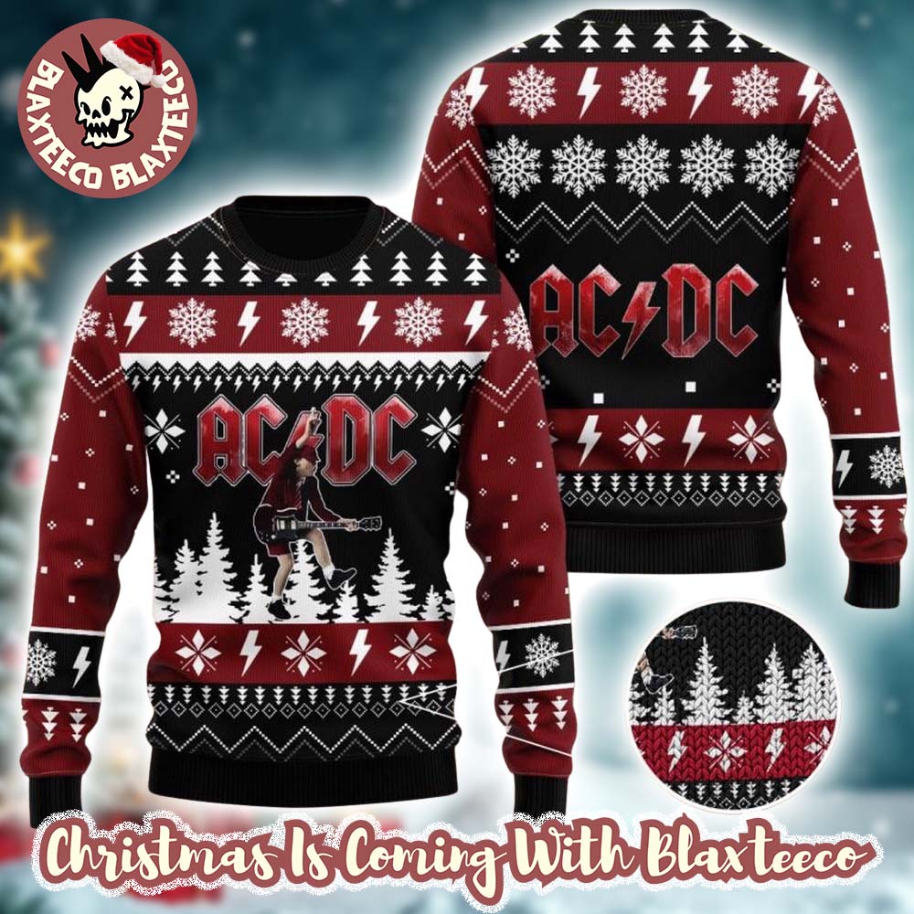ACDC Angus Young Signature Move Under The Snowy Night Ugly Christmas Sweater - Holiday Gift product image