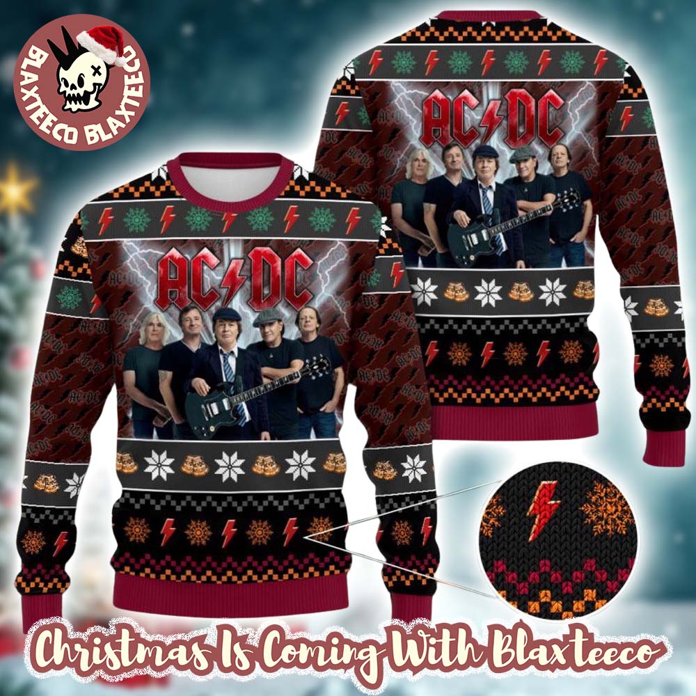 ACDC Band Members Photo Snowflakes And Thunder Logo Pattern Knitted Ugly Christmas Sweater - Holiday Gift product image