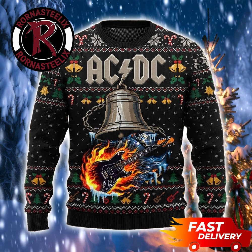 ACDC Hells Bells Fire Guitar Pwr Up Tour ACDC Ugly Christmas Sweater - Gift for Music Fans product image