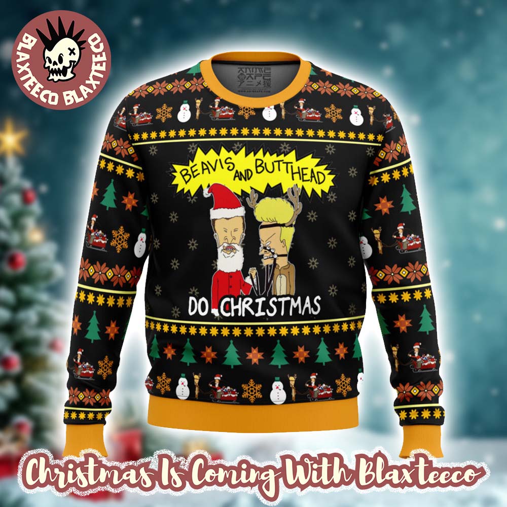Beavis and Butthead Do Christmas Funny Santa And Reindeer Ugly Christmas Sweater - Holiday Gift product image