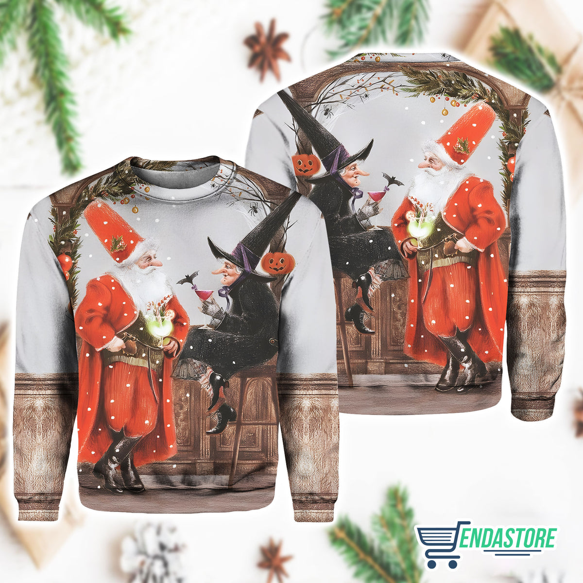 Vintage Christmas Santa and Witch Casual Printed Sweatshirt 3D Christmas Sweater - Holiday Gift product image 4