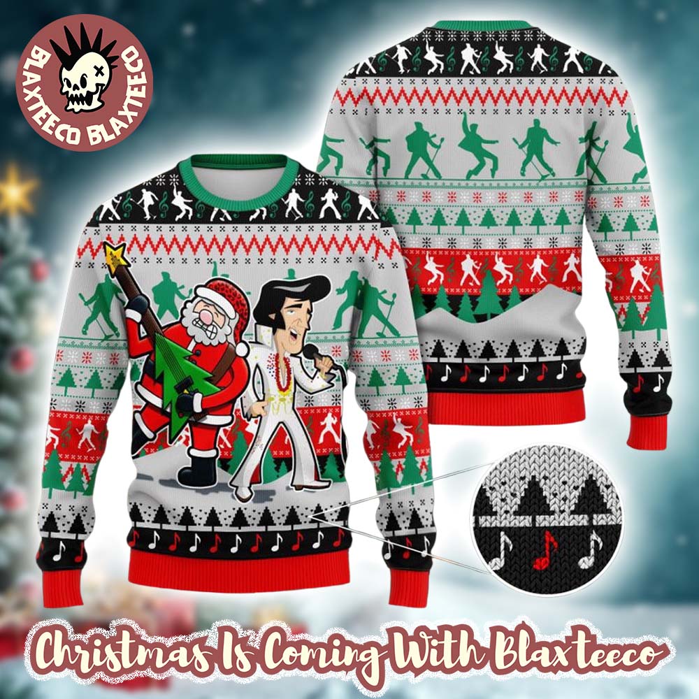 Elvis Presley With Santa Claus Singing Funny Ugly Christmas Sweater - Holiday Gift product image