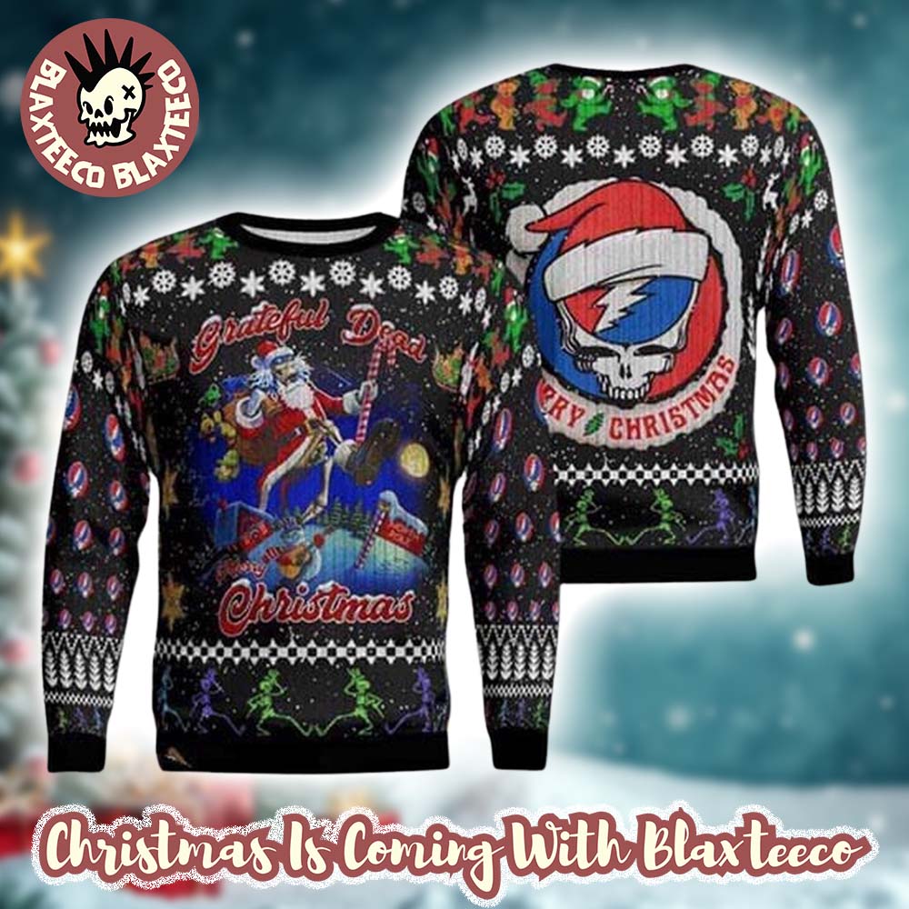 Grateful Dead Merry Christmas Santa Claus Knitted Black Ugly Christmas Sweater - Holiday Gift product image