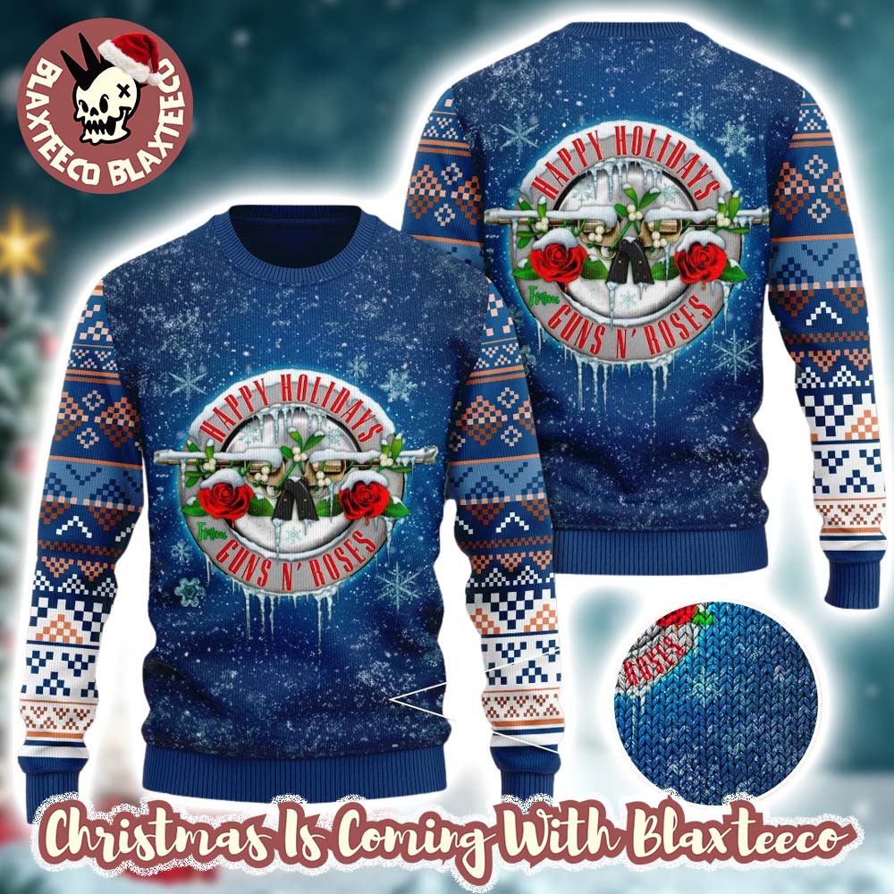 Guns N Roses Happy Holidays Snowy Knitted Blue Ugly Christmas Sweater - Holiday Gift product image