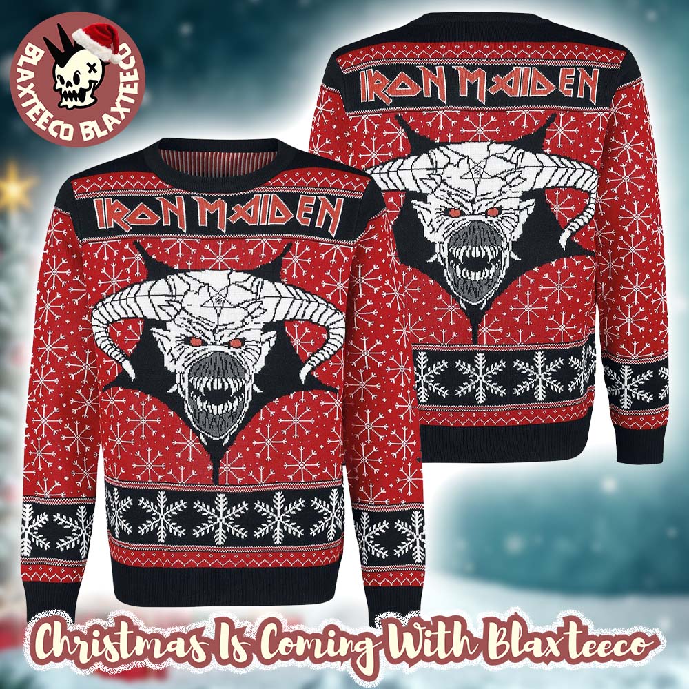 Iron Maiden Eddie Satan Head With Snowflakes Pattern Knitted Holiday Red Ugly Christmas Sweater - Holiday Gift product image