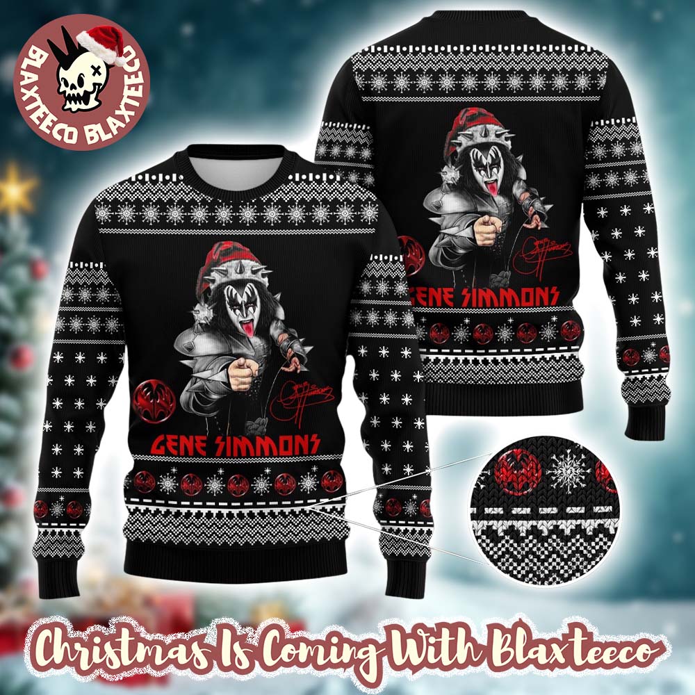 Kiss Gene Simmons With Santa Hat And Signature Xmas Holiday Gift For Fans Black Ugly Christmas Sweater - Holiday Gift product image