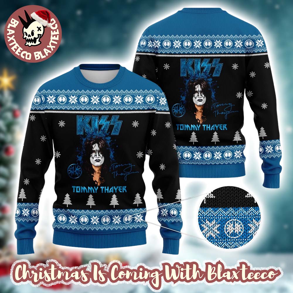 Kiss Tommy Thayer With Signature Holiday Gift Style Blue Ugly Christmas Sweater - Holiday Gift product image