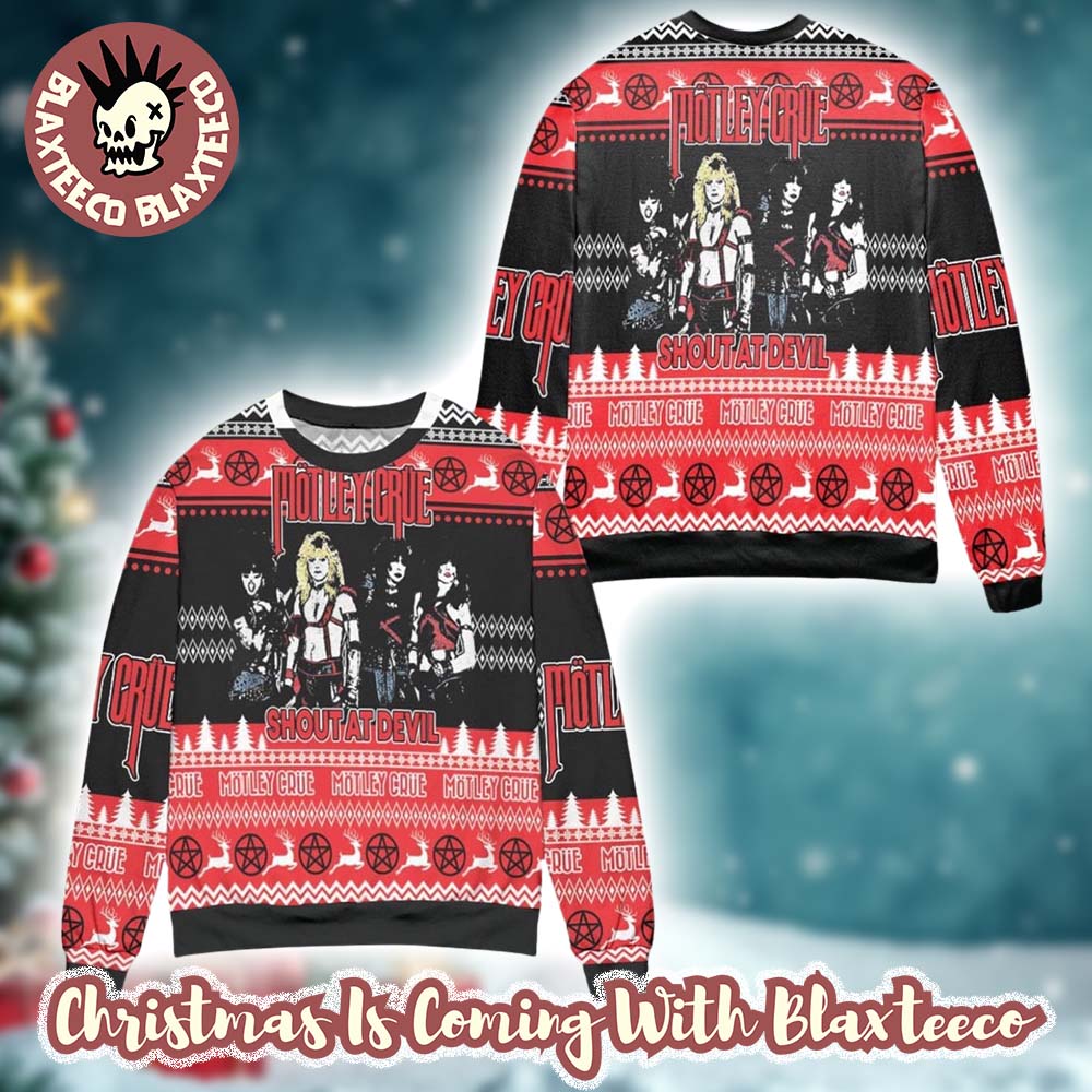 Motley Crue Band Shout At Devil Band Art Knitted Black And Red Ugly Christmas Sweater - Holiday Gift product image
