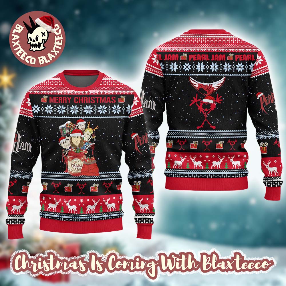 Pearl Jam Merry Christmas Funny Band Member Bubble Head Knitted Black And Red Ugly Christmas Sweater - Holiday Gift product image