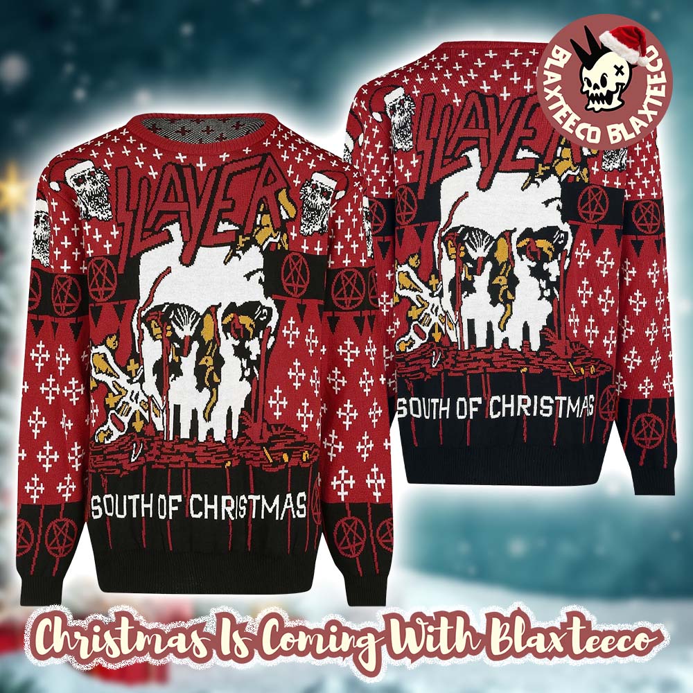 Slayer Band South Of Christmas Bloody Skull Santa All Over Knitted Ugly Christmas Sweater - Holiday Gift product image