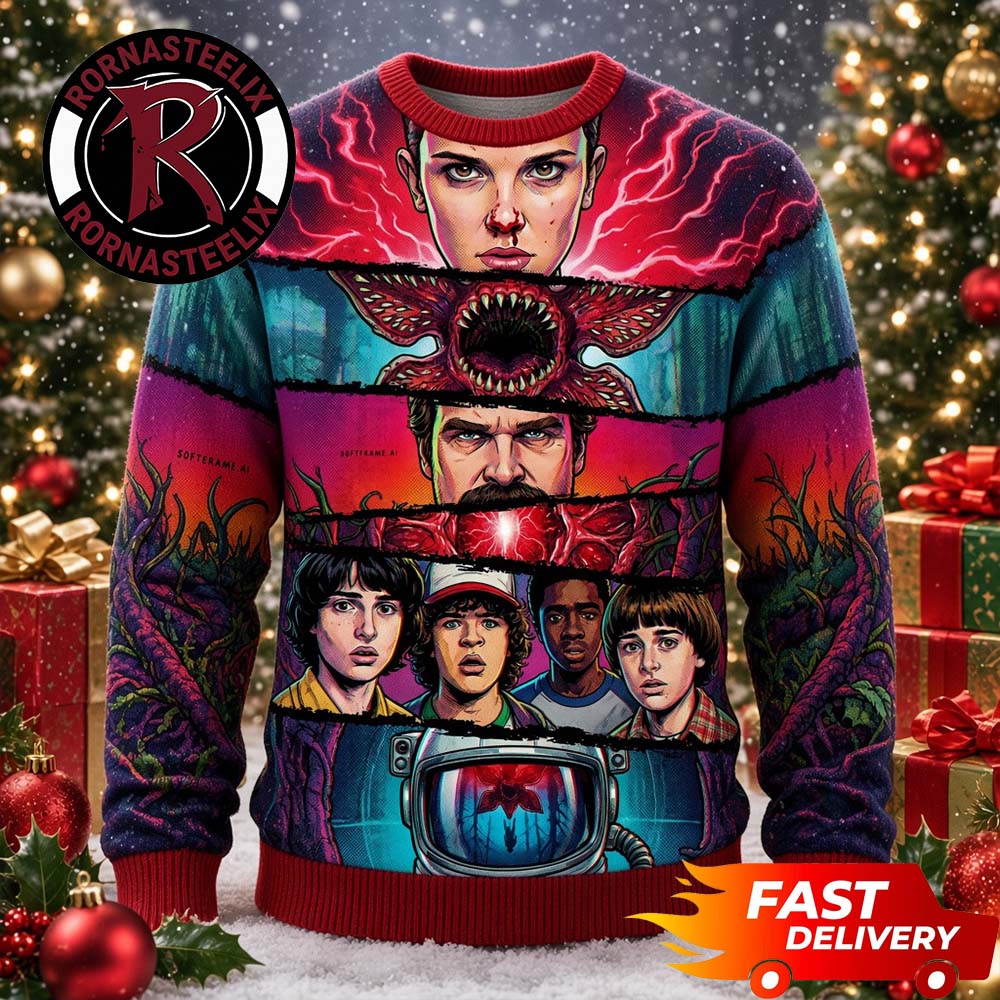 Stranger Things Fights With Demogorgon In Upside Down Ugly Christmas Sweater - Gift Idea product image