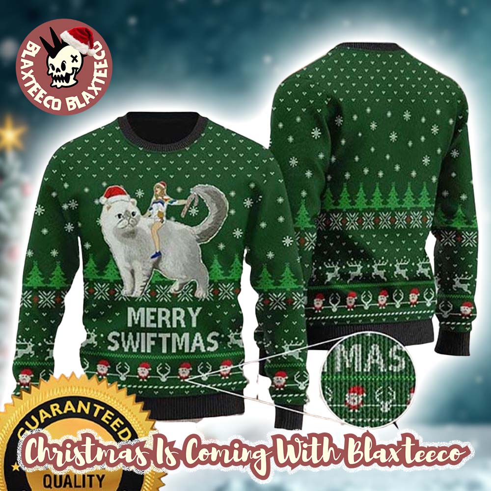 Taylor Swift Ride A Cat With Santa Hat Olivia Benson Merry Swiftmas In Green Ugly Christmas Sweater - Holiday Gift product image