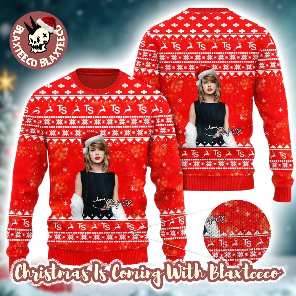 Taylor Swift With Santa Hat Signature Red Knitted Ugly Christmas Sweater - Holiday Gift product image