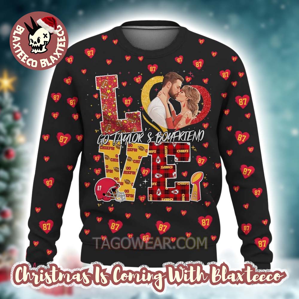 Taylor Swift X Travis Kelce Love Go Taylor’s Boyfriends Valentine 87 Heart Pattern Ugly Christmas Sweater - Holiday Gift product image