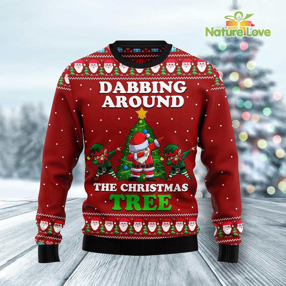 Santa Claus and Elf Dabbing Around The Christmas Tree Ugly Christmas Sweater - Holiday Gift product image