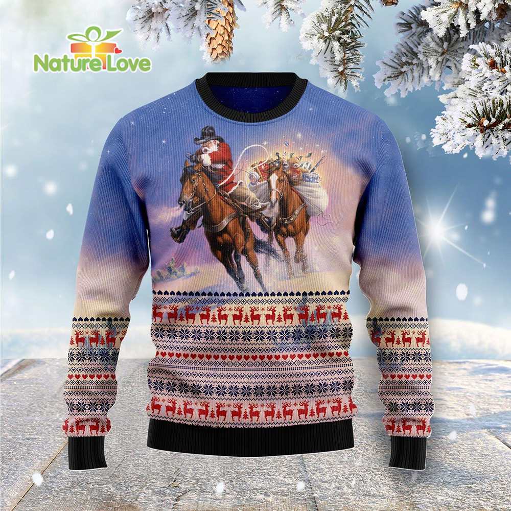 Cowboy Santa Claus Riding Horse Deliver Gifts Funny Ugly Christmas Sweater - Holiday Gift product image