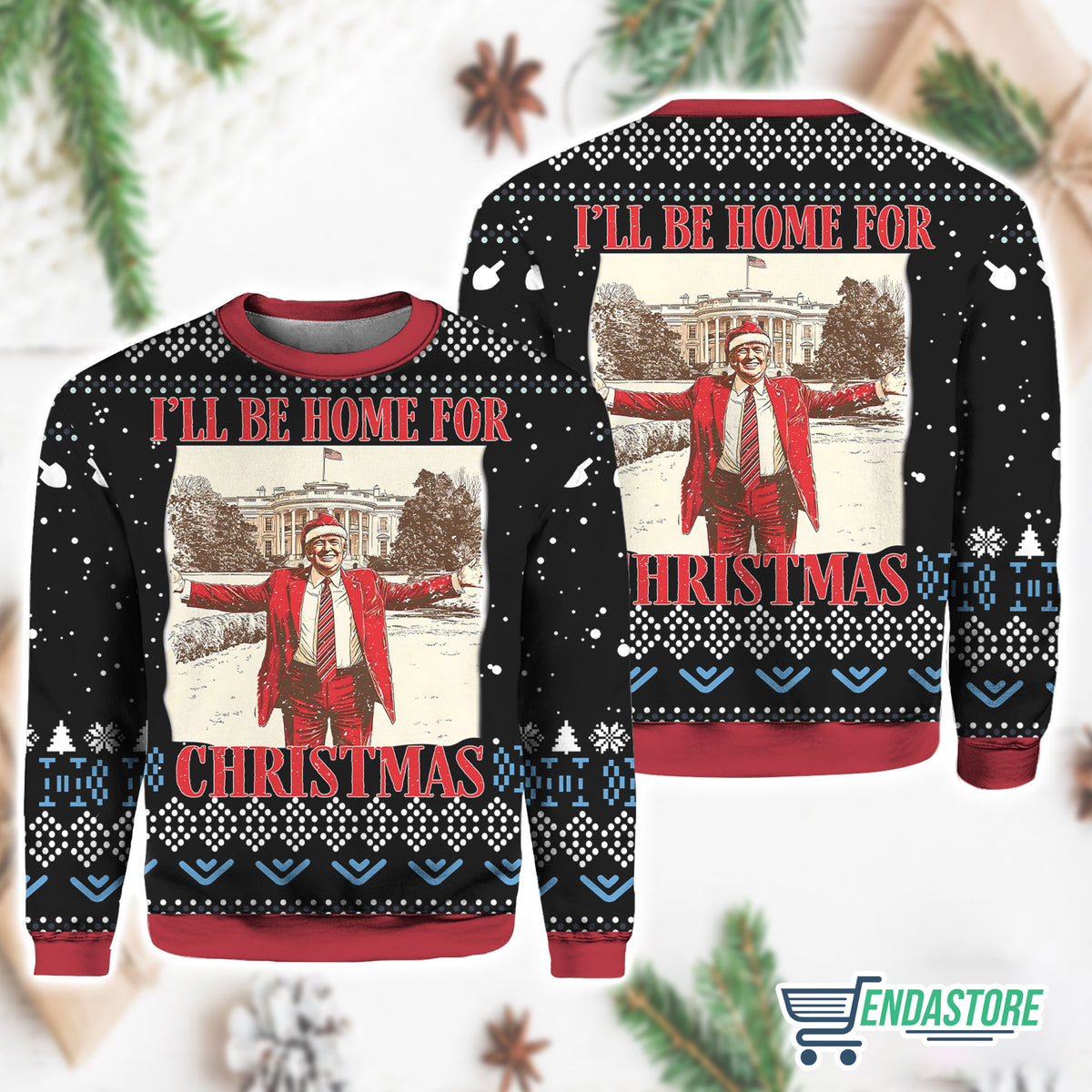 President Trump 45 47 I’ll Be Home for 3D Ugly Christmas Sweater - Holiday Gift product image 2