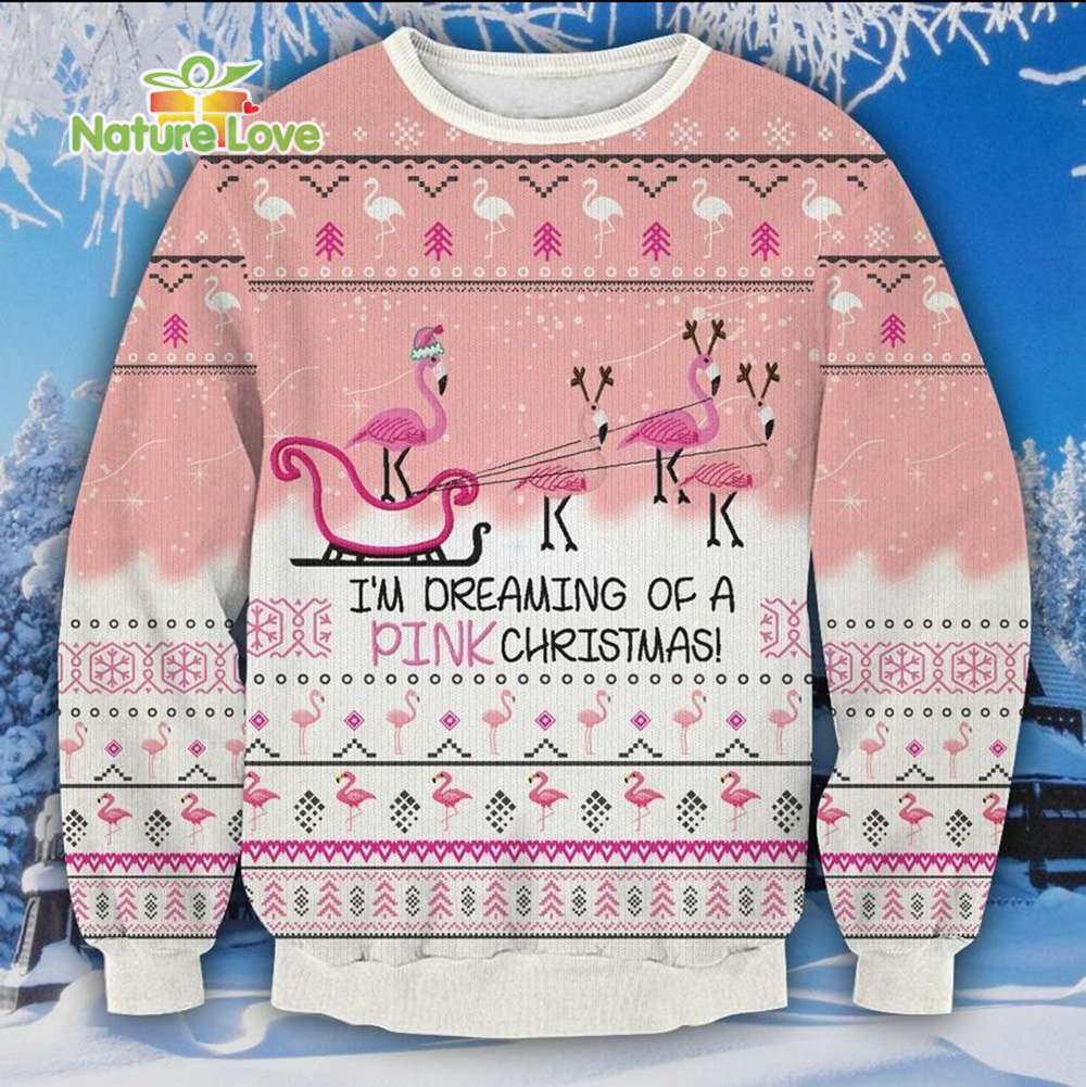 Flamingo Sleigh I’m Dreaming of A Pink Xmas Gift Ugly Christmas Sweater - Holiday Gift product image
