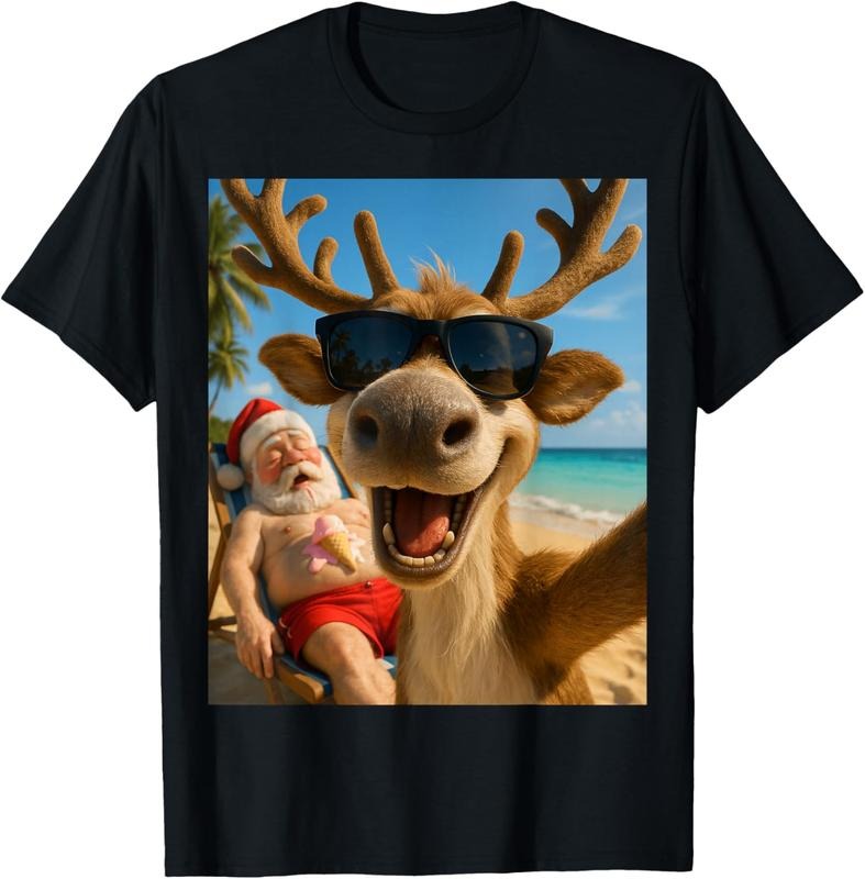 100% Cotton Funny Reindeer Beach Selfie July - Adult & Kids T-Shirts, Sweatshirts & Hoodies apparel design preview 1