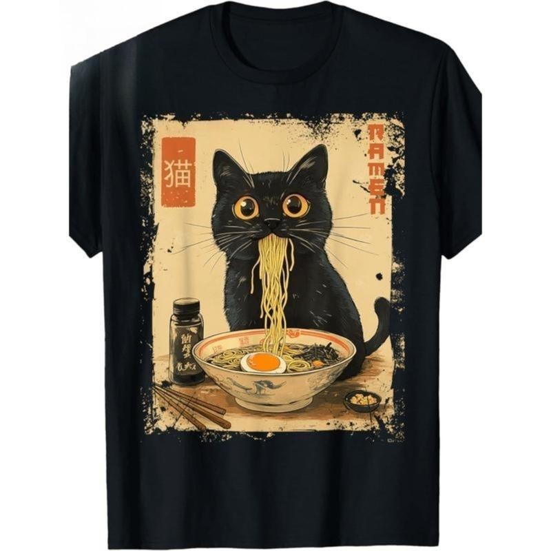 100% Cotton Vintage Kawaii Cat Ramen Comfortable Crew - Adult & Kids T-Shirts, Sweatshirts & Hoodies apparel design preview 1