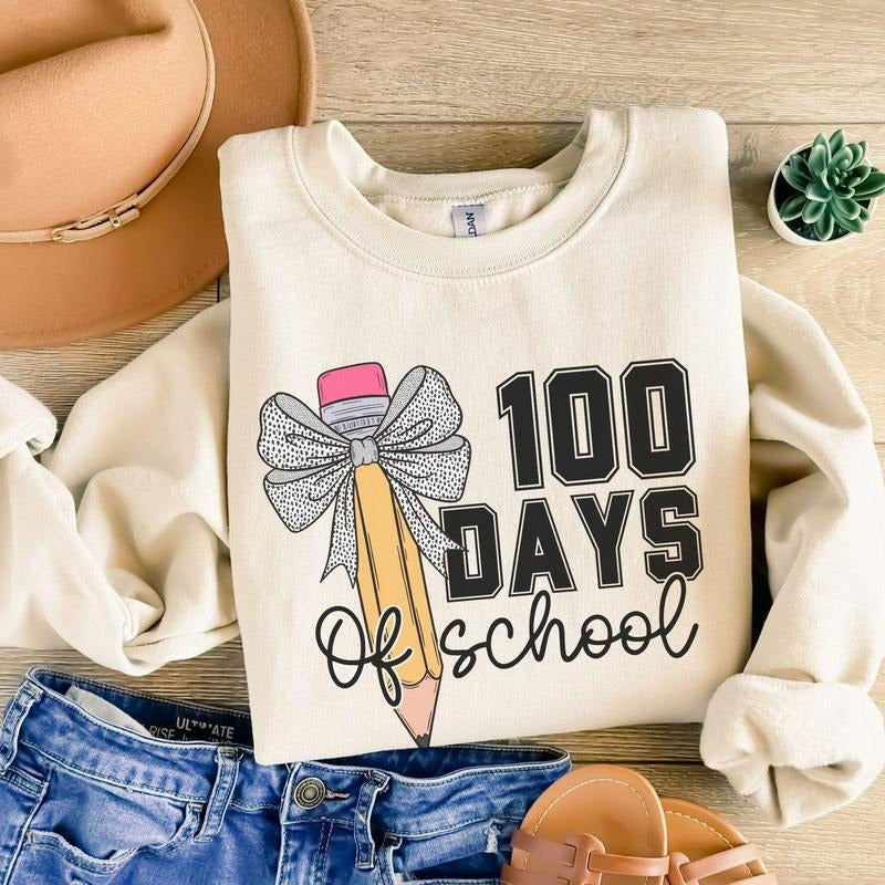 100 Days School Bow Coquette 100th Day Teacher One - Adult & Kids T-Shirts, Sweatshirts & Hoodies apparel design preview 1