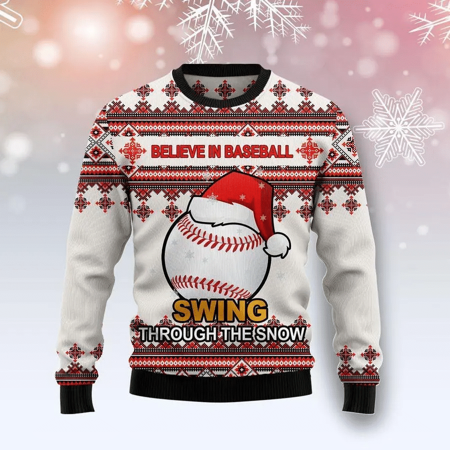 Believe in baseball swing through the snow 3D Christmas Sweater - Holiday Gift product image