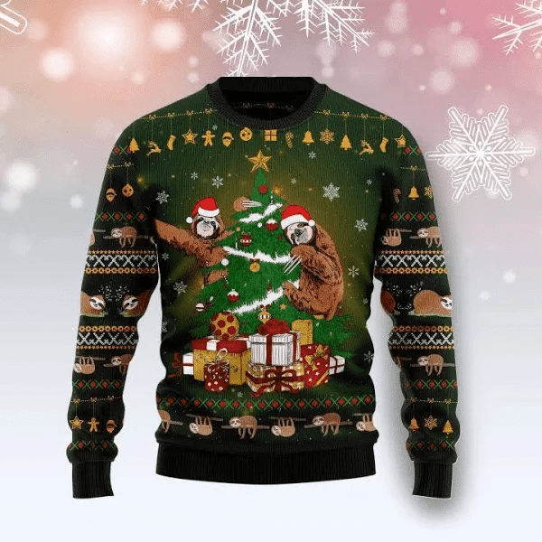 Sloth with tree black 3D Christmas Sweater - Holiday Gift product image
