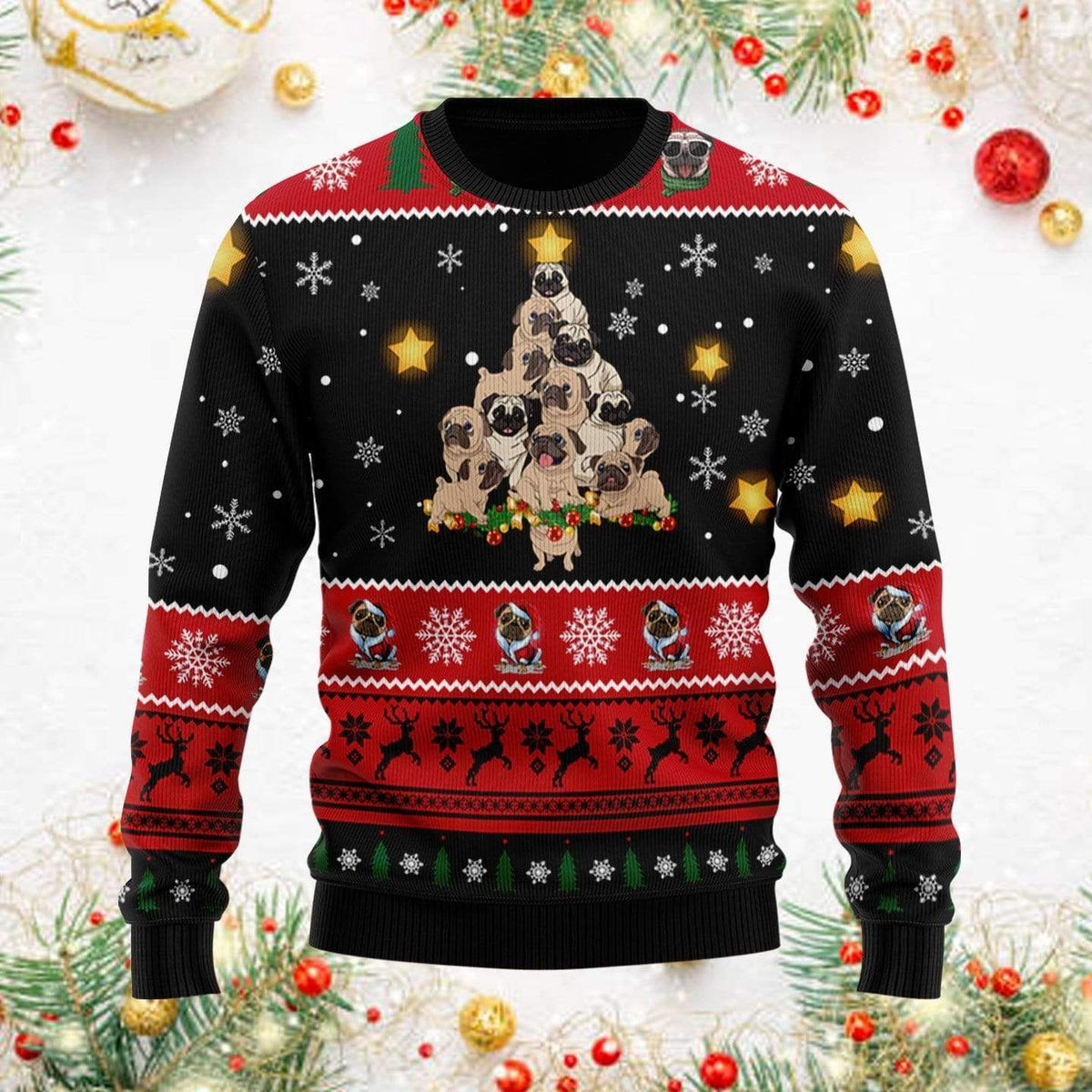 So cute pug Christmas tree black red 3D Christmas Sweater - Holiday Gift product image