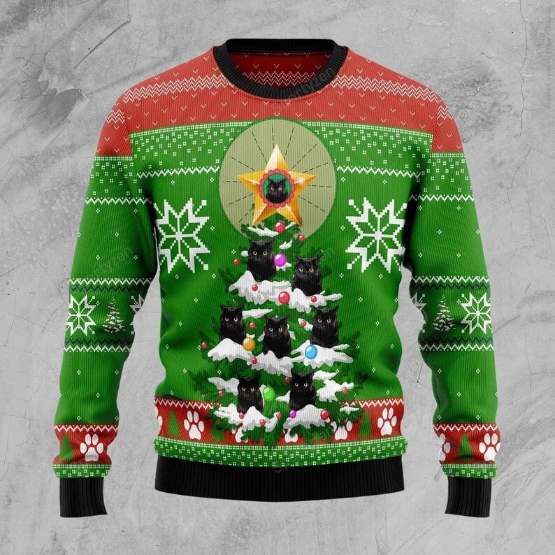 Black cat pine tree star 3D Christmas Sweater - Holiday Gift product image