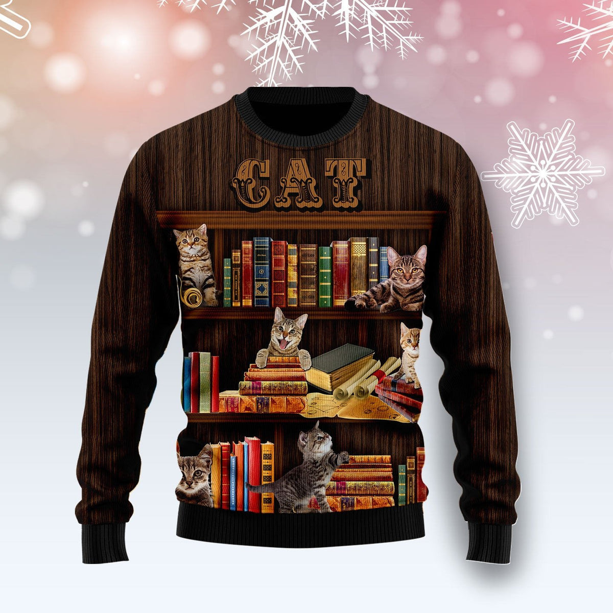 Cat bookcase 3D Christmas Sweater - Holiday Gift product image