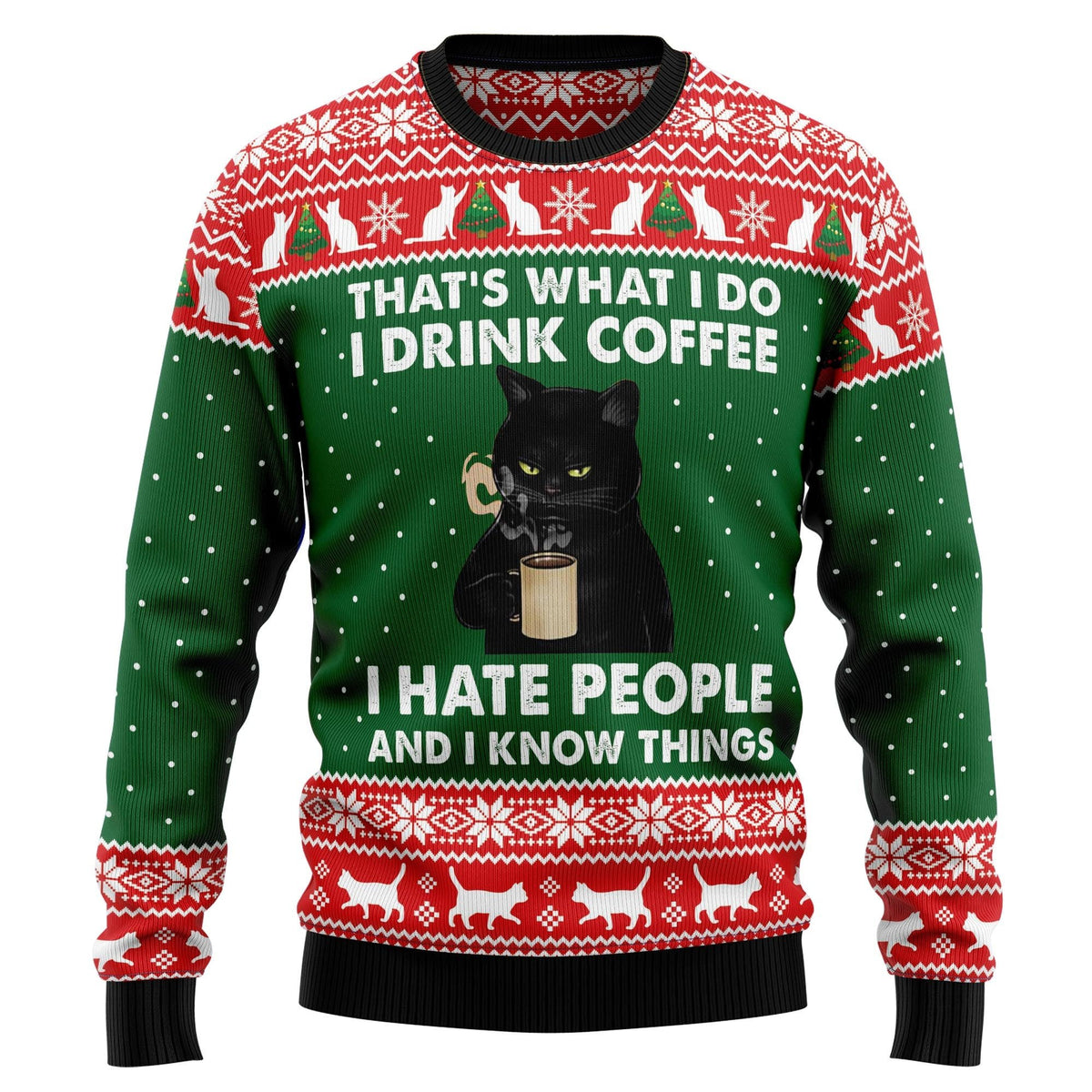 Black cat drink coffee 3D Christmas Sweater - Holiday Gift product image