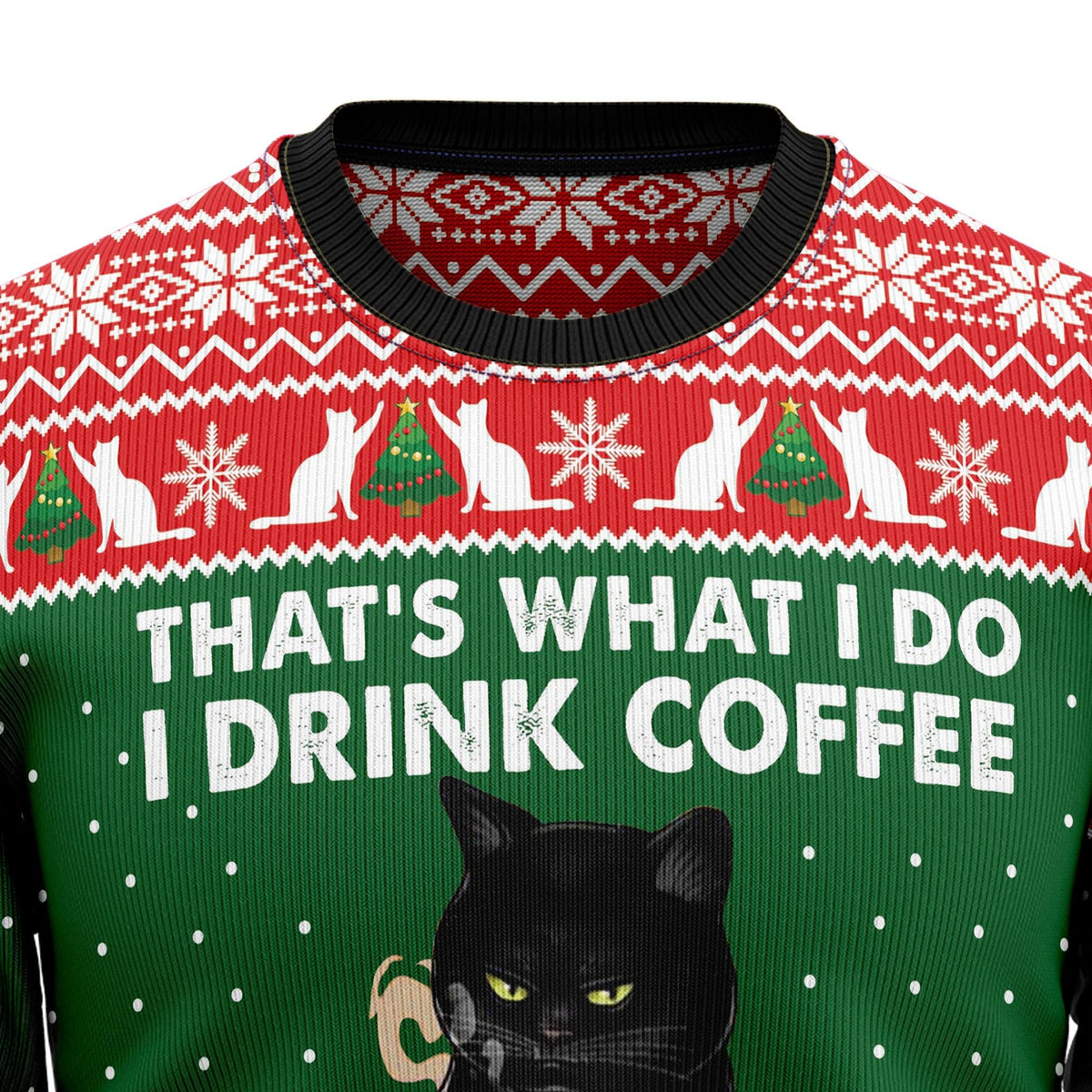 Black cat drink coffee 3D Christmas Sweater - Holiday Gift product image 2