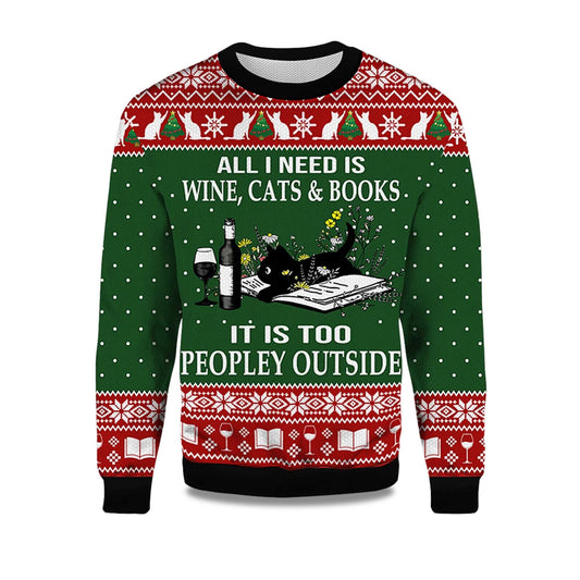 All I Need Is Wine Cats And Books Black Cat Ugly Christmas Sweater - Holiday Gift product image
