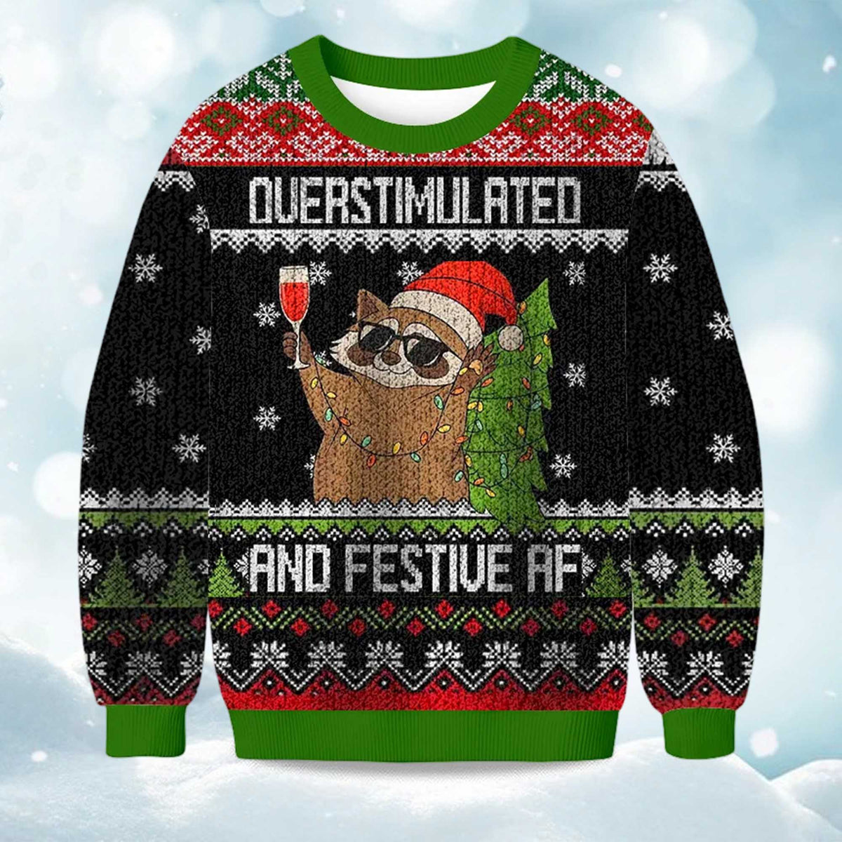 Raccoon Overstimulated and Festive AF Ugly Christmas Sweater - Holiday Gift product image