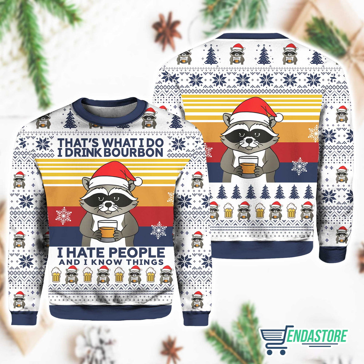 Raccoon That’s What I Do I Drink Bourbon 3D Ugly Christmas Sweater - Holiday Gift product image