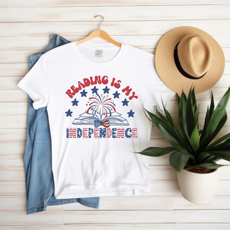 4th July Patriotic Reading Stars Stripes Bookworm - Adult & Kids T-Shirts, Sweatshirts & Hoodies apparel design preview 1