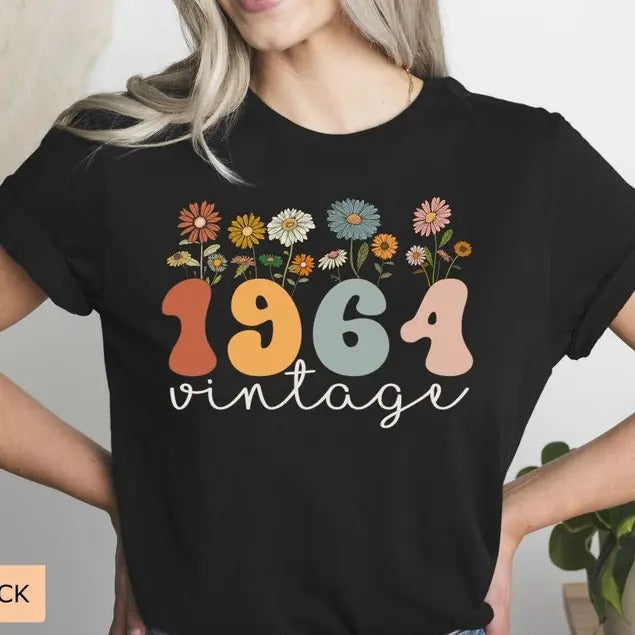 60th Vintage 1964 Wildflowers Woman 60 Year Old Retro - Adult & Kids T-Shirts, Sweatshirts & Hoodies apparel design preview 1