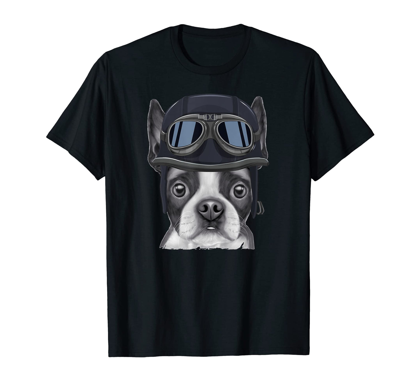 Boston Terrier Wearing Motorcycle Helmet T-Shirt - Graphic Print Unisex - T-Shirt, Sweatshirt, Hoodie