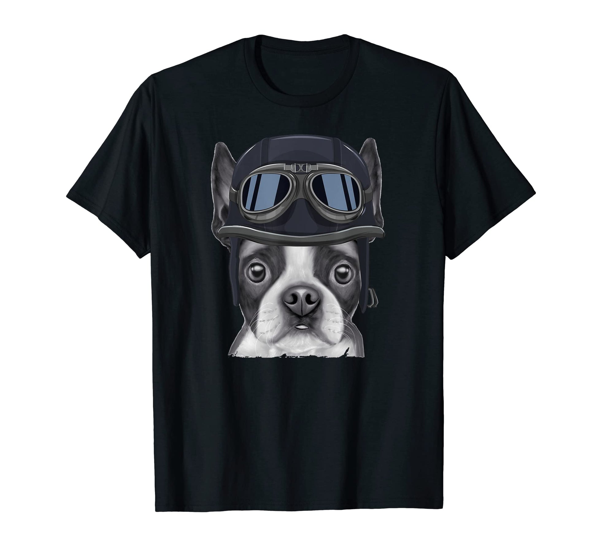 Boston Terrier Wearing Motorcycle Helmet T-Shirt - Graphic Print Unisex - T-Shirt, Sweatshirt, Hoodie