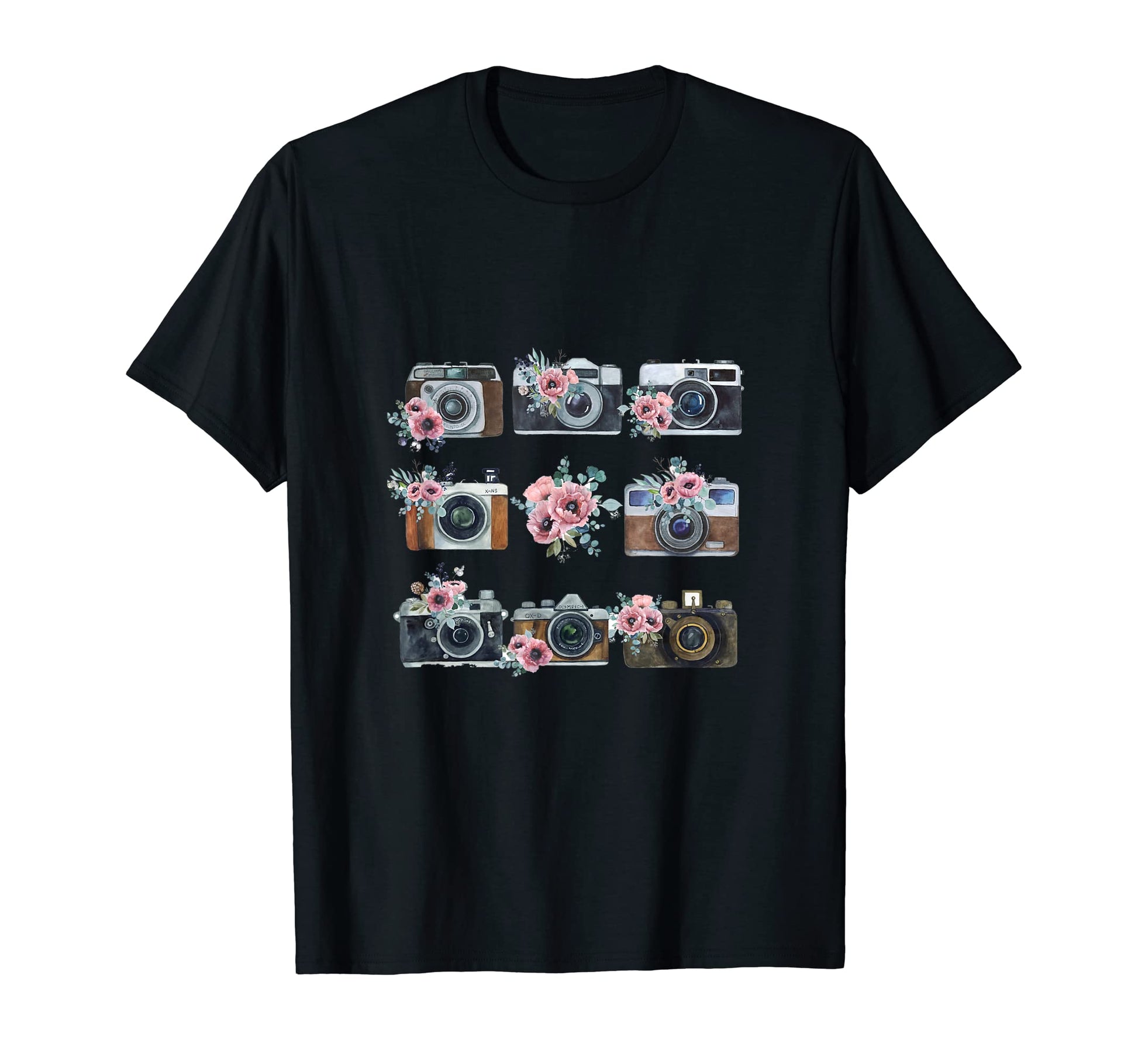 Cameras And Watercolor Flowers T-Shirt - Minimalist Print for Adults - T-Shirt, Sweatshirt, Hoodie
