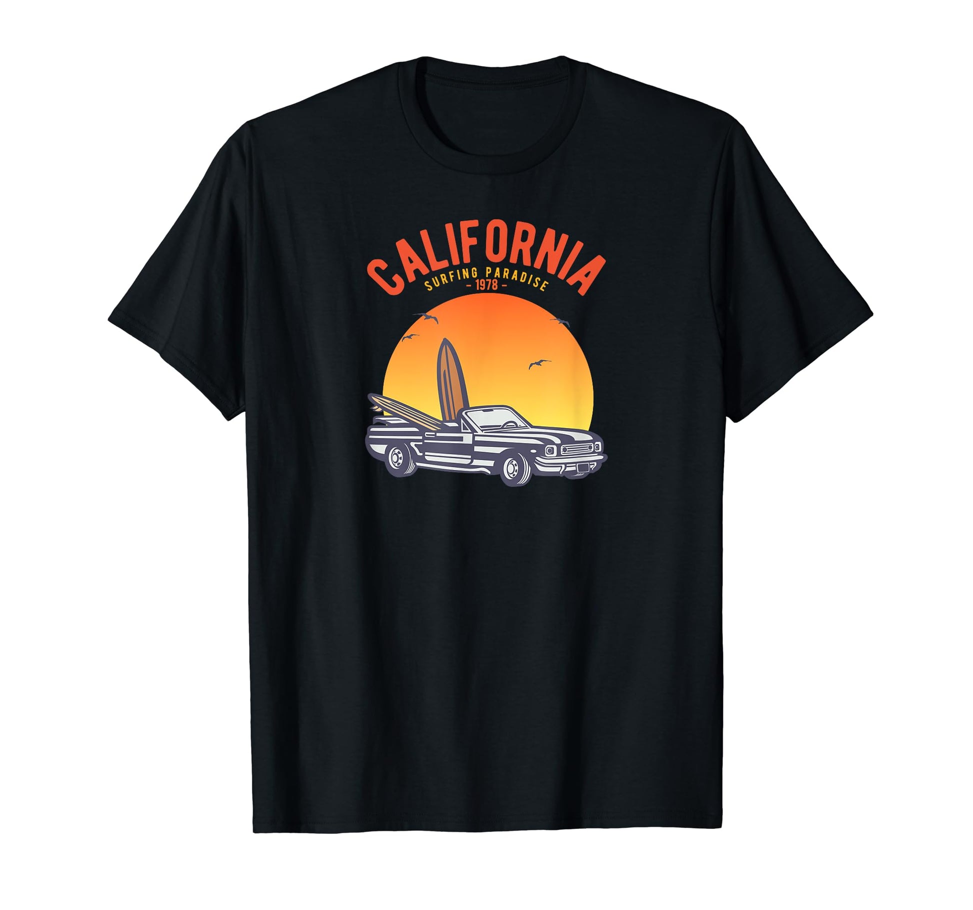 California Surf Car Surfer Distressed T-Shirt - Unique Graphic Unisex - T-Shirt, Sweatshirt, Hoodie