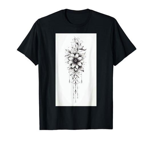 Black And White Boho Flowers Sketch Art T-Shirt - Unique Graphic for Adults - T-Shirt, Sweatshirt, Hoodie