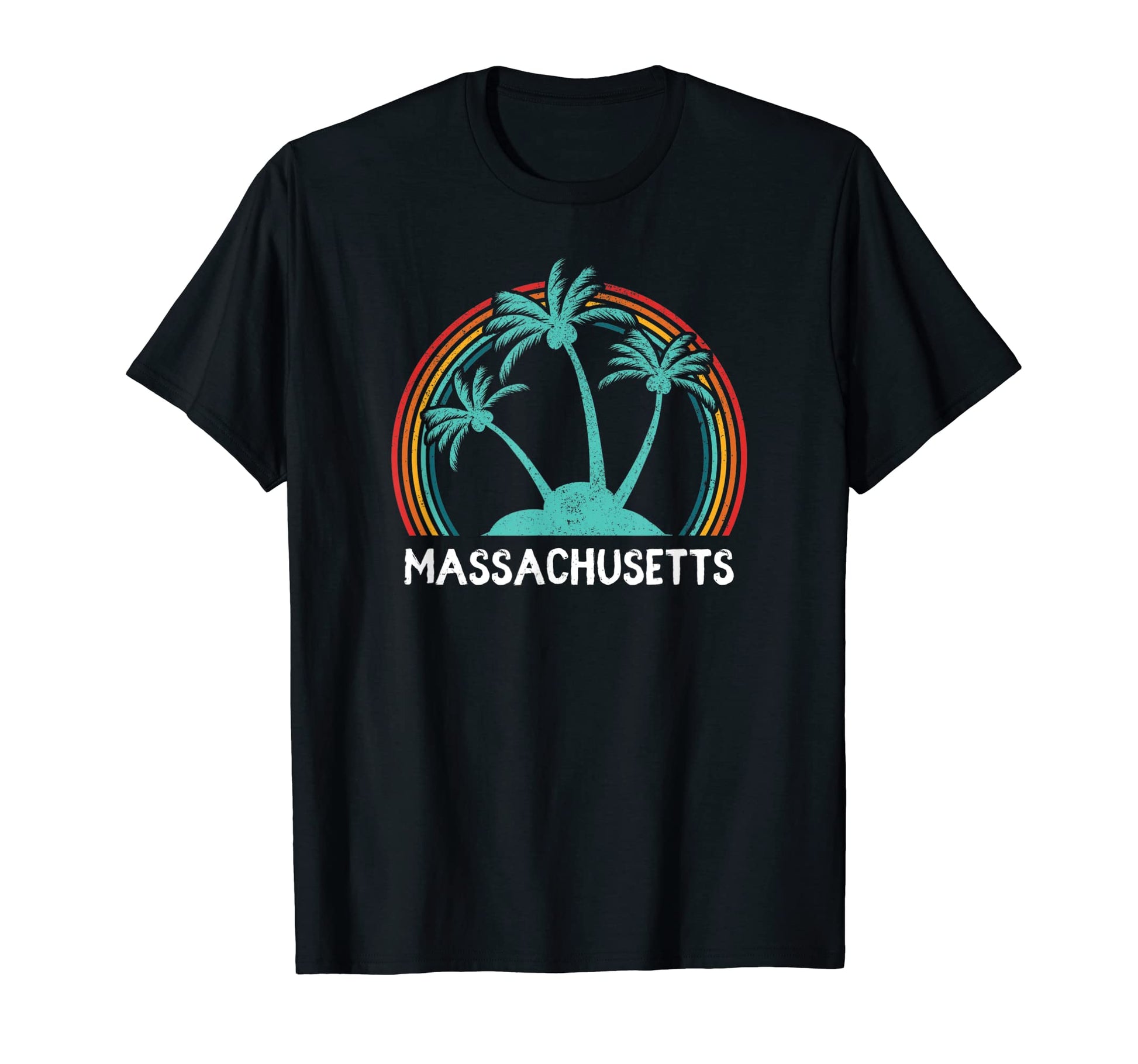 Massachusetts Palm Tree Rainbow Fun T-Shirt - Graphic Print for Adults - T-Shirt, Sweatshirt, Hoodie