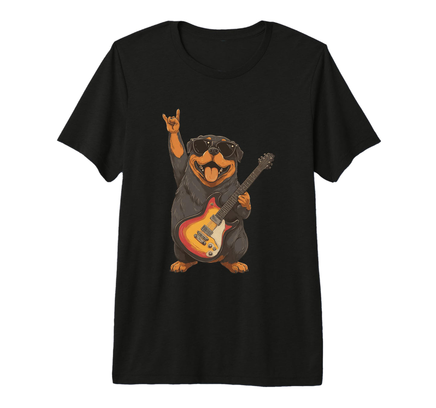 Rottweiler Dog Playing Guitar Rocker T-Shirt - Aesthetic Graphic Unisex - T-Shirt, Sweatshirt, Hoodie