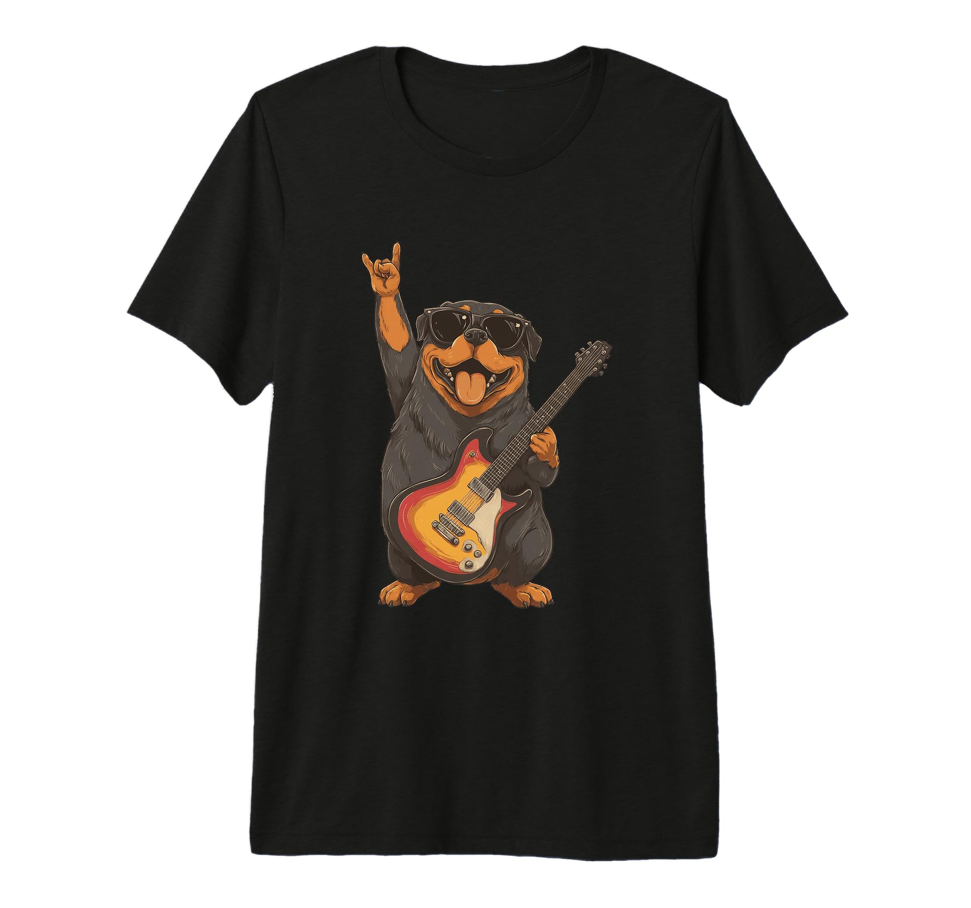 Rottweiler Dog Playing Guitar Rocker T-Shirt - Aesthetic Graphic Unisex - T-Shirt, Sweatshirt, Hoodie