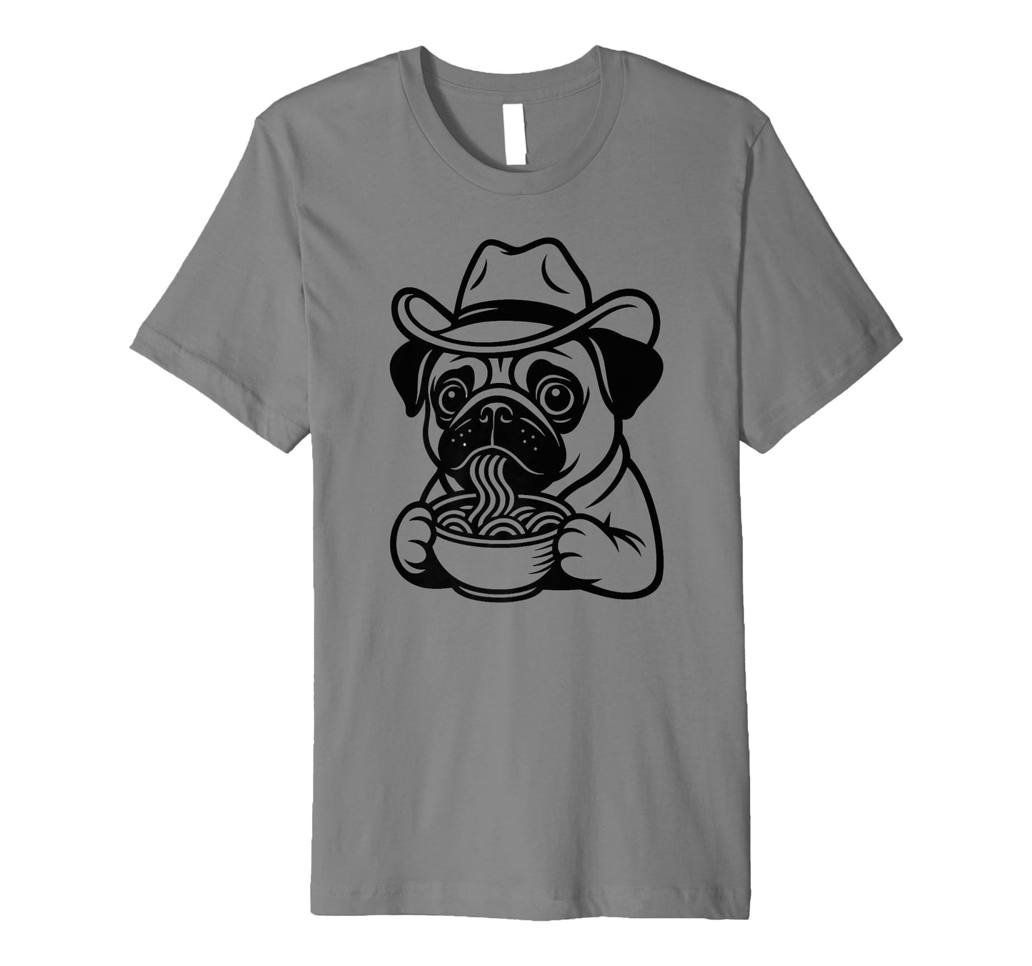 Pug Eating Ramen Noodles Cowboy Hat T-Shirt - Novelty Apparel for Adults - T-Shirt, Sweatshirt, Hoodie