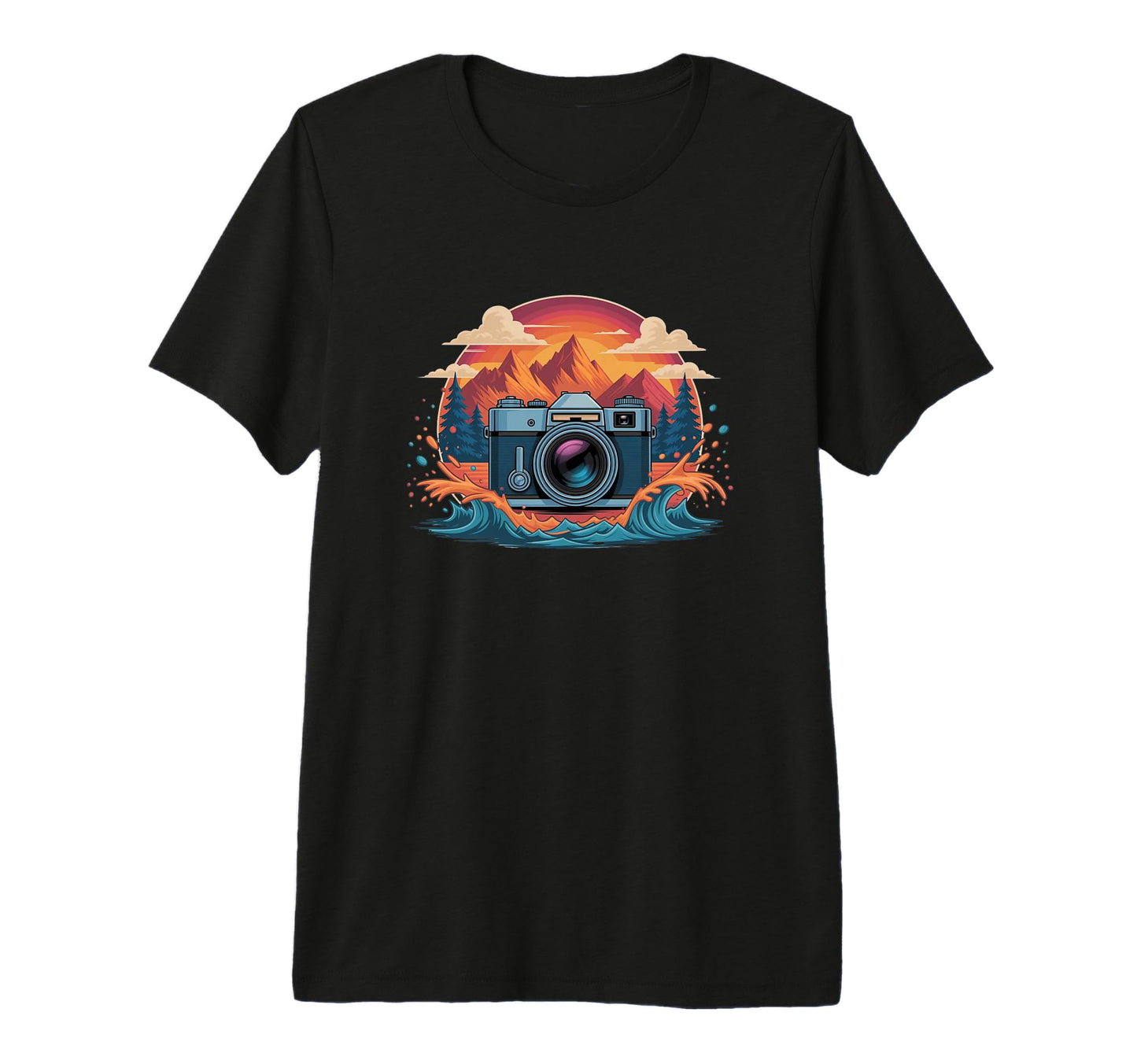 Camera Mountain Sunset Waves T-Shirt - Graphic Print for Adults - T-Shirt, Sweatshirt, Hoodie
