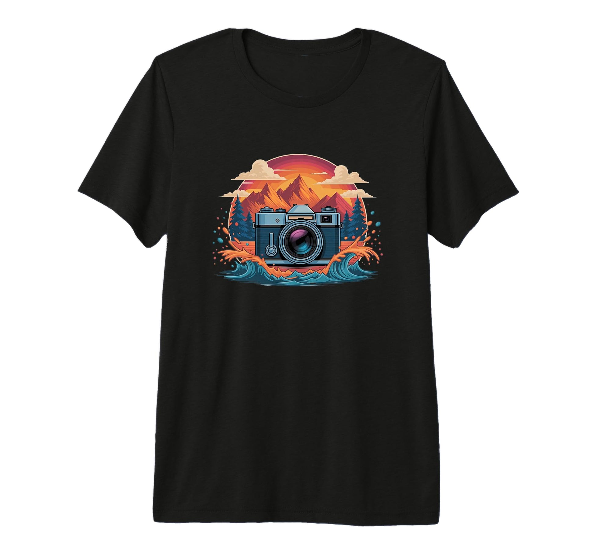 Camera Mountain Sunset Waves T-Shirt - Graphic Print for Adults - T-Shirt, Sweatshirt, Hoodie