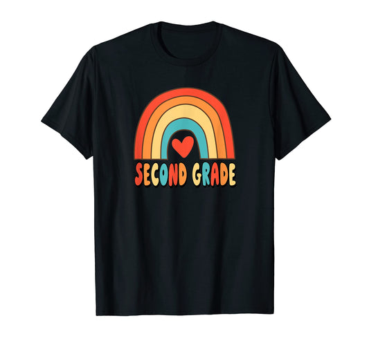 2Nd Grade Teacher Rainbow Heart 70S T-Shirt - Minimalist Print for Adults - T-Shirt, Sweatshirt, Hoodie